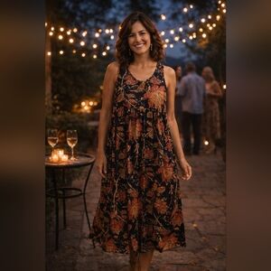 Island Life Floral Sleeveless Midi Dress - Black & Red with Rhinestones